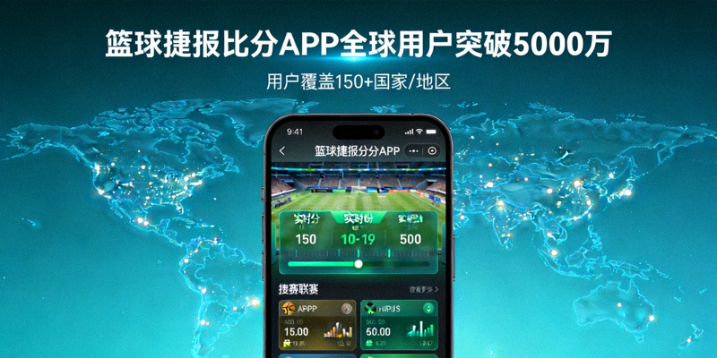 篮球捷报比分APP全球用户突破5000万，手机屏幕上显示着应用界面和全球地图