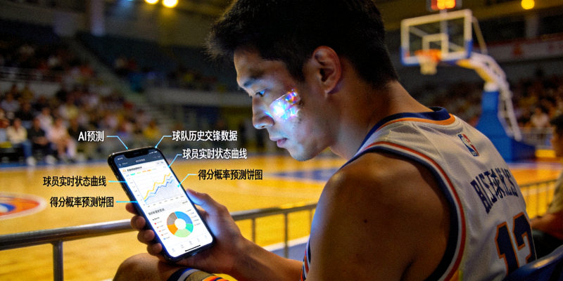 篮球球迷使用手机查看AI预测结果，屏幕上显示着详细的比赛分析图表